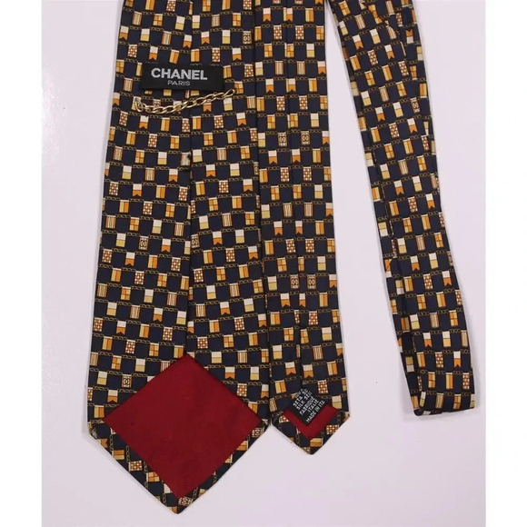 Chanel Paris Black/Gold Geometric Print Design Silk Necktie Tie - Picture 4 of 7